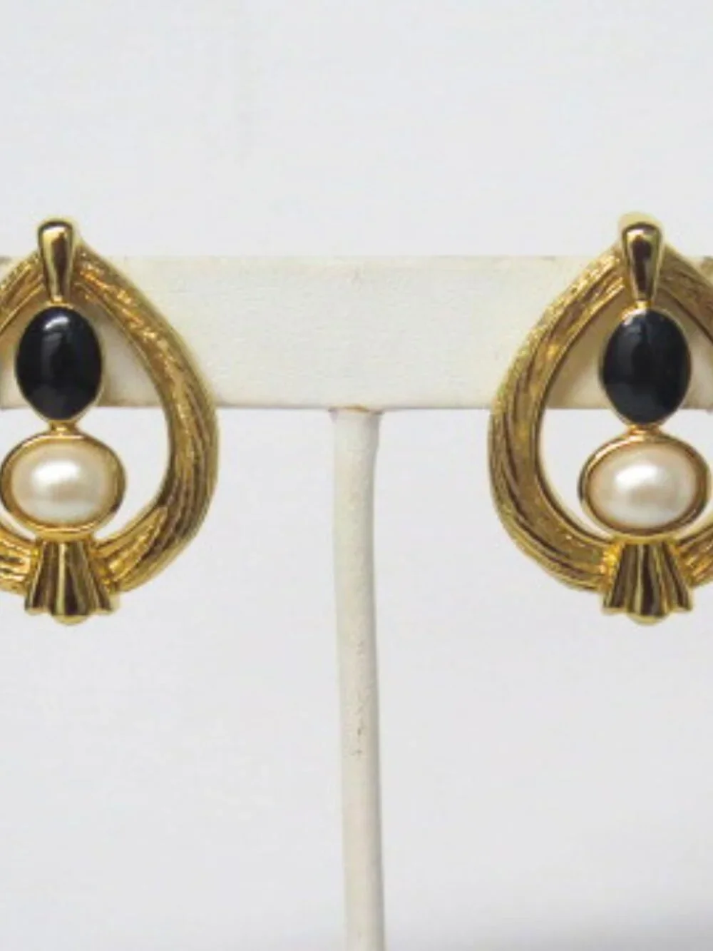 Vintage Gold Tone Black & Faux Pearl Teardrop Statement Earrings